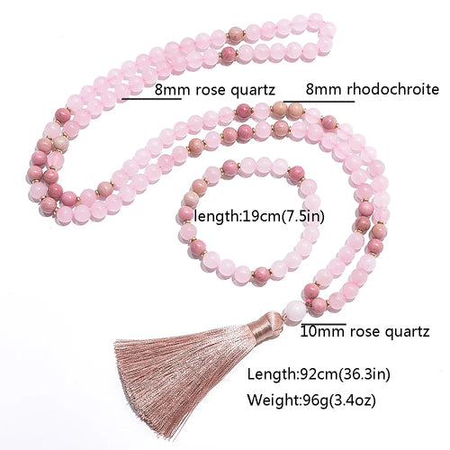 Divine Feminine Mala Beads Set - Rose Quartz 108 Necklace & Bracelet for Prayer, Meditation, and Heart Chakra Healing